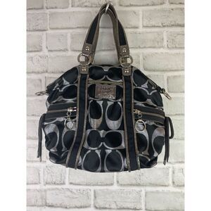 Coach Poppy Glam Tote Style 15443 Black Signature Shimmer with Magenta Lining